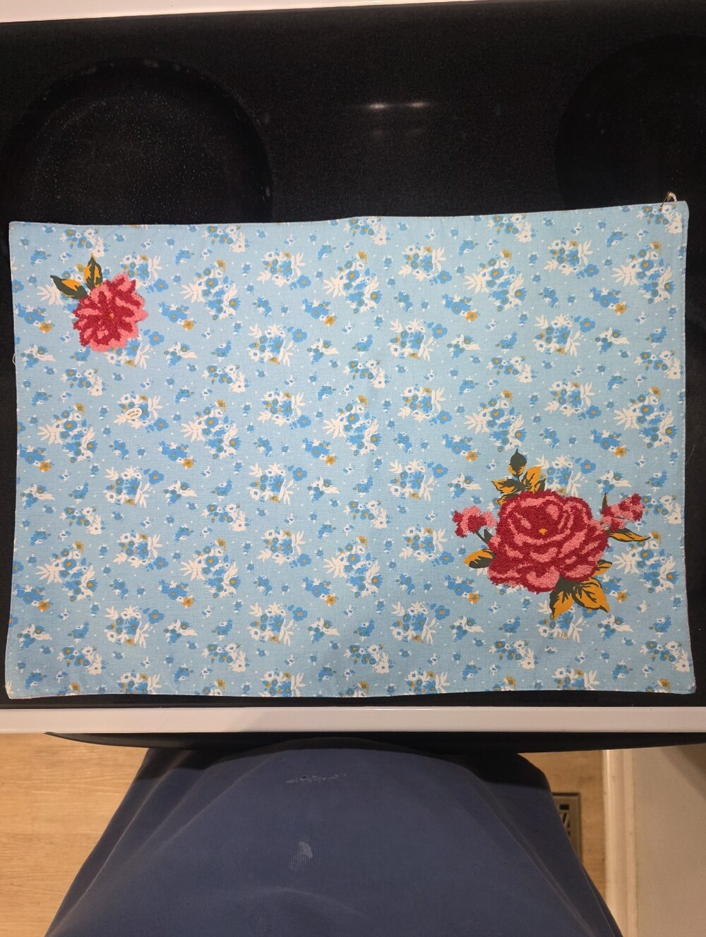 One Reversible Blue Floral With Red Roses Placement Other Side Red White Gingham